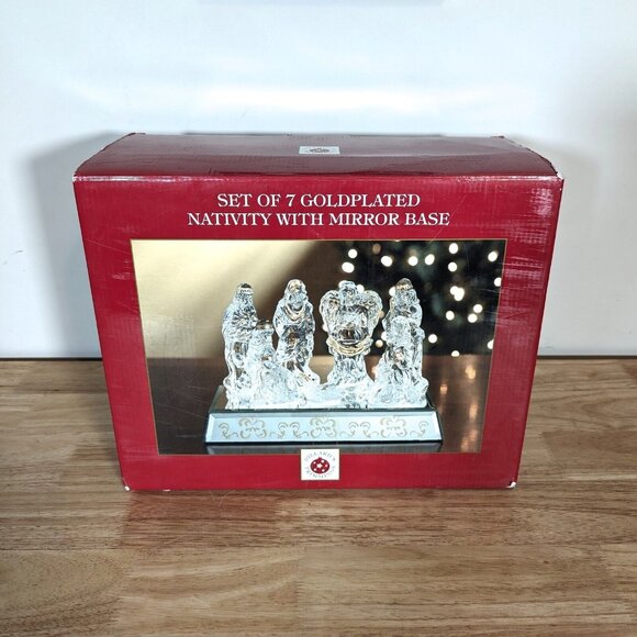 NOS Dillards Trimmings Gold Plated Glass Nativity Set w Mirror Base 7 Piece Set - Picture 1 of 15